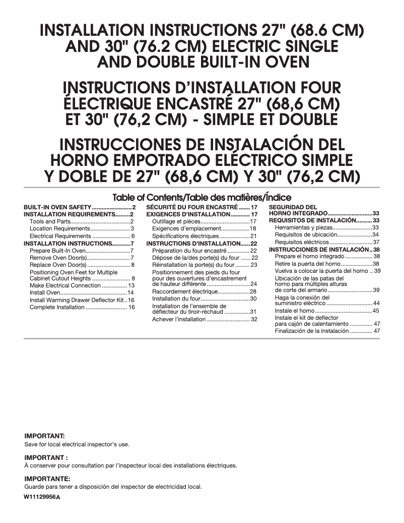 Página 1 del manual Guía de instalación Whirlpool WOD77EC7HS