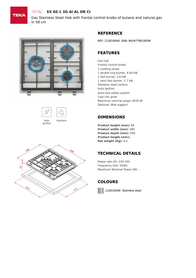 Page 1 de la notice Fiche technique Teka EX 60.1 3G AI AL DR CI
