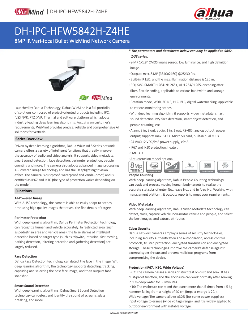 Page 1 de la notice Fiche technique Dahua Technology IPC-HFW5842H-Z4HE