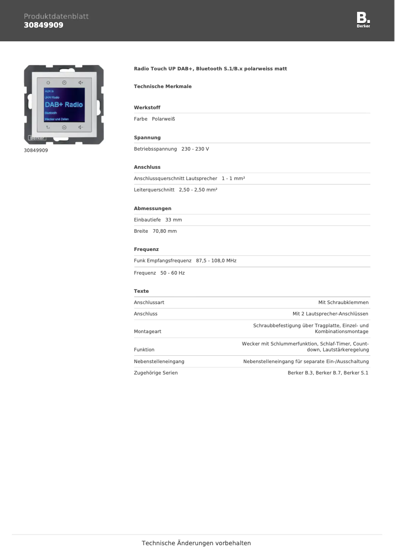 Page 1 de la notice Fiche technique Berker 30849909