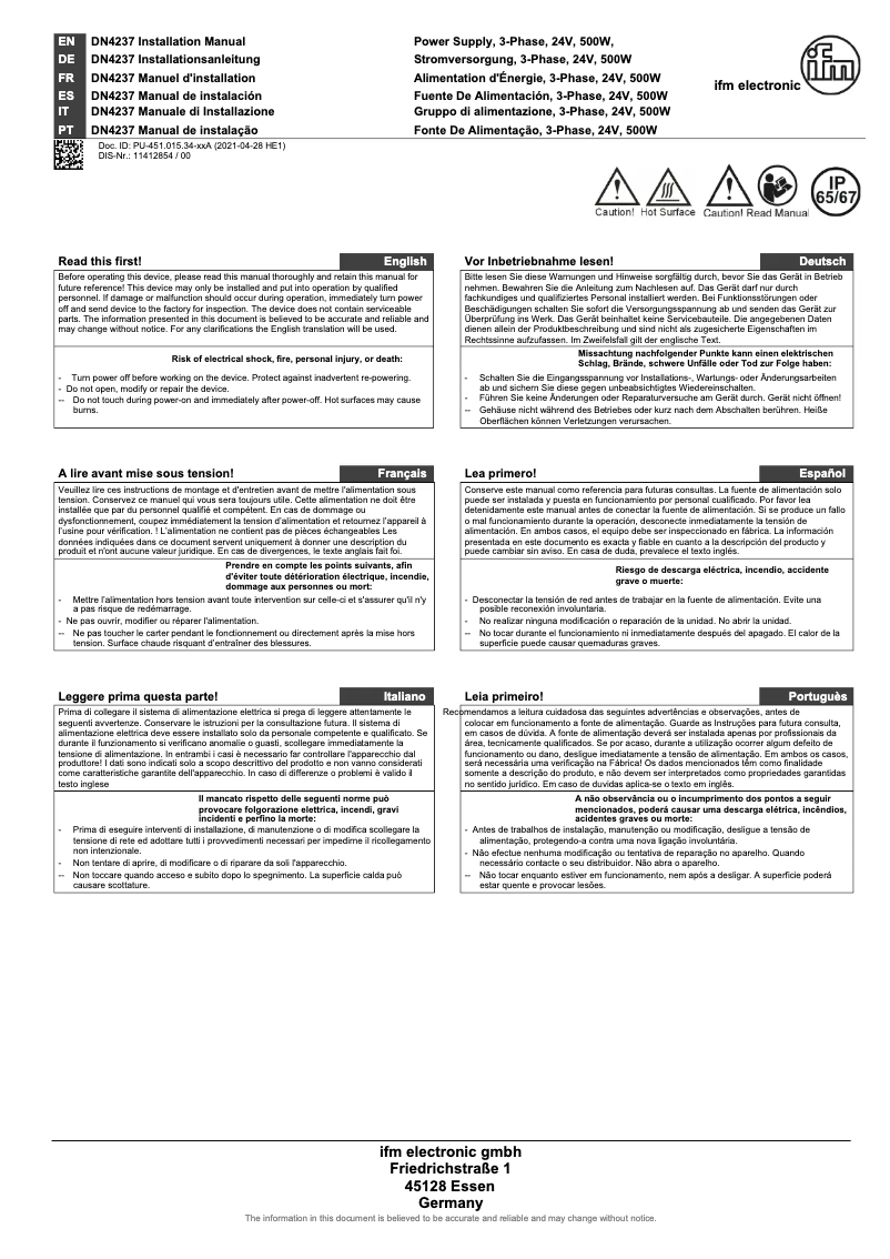 Page 1 de la notice Manuel utilisateur IFM DN4237