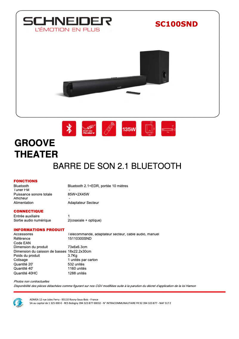 Page 1 de la notice Fiche technique Schneider SC100SND