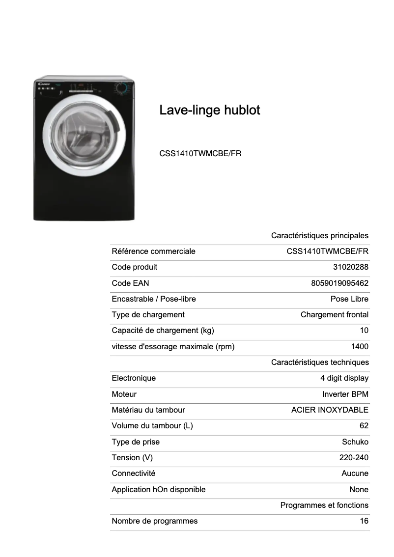 Page 1 de la notice Fiche technique Candy CSS1410TWMCBE/FR