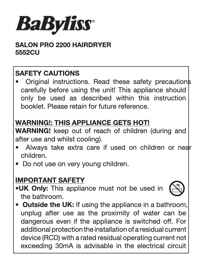 Page 1 de la notice Manuel utilisateur BaByliss Salon Pro 2200 5552CU