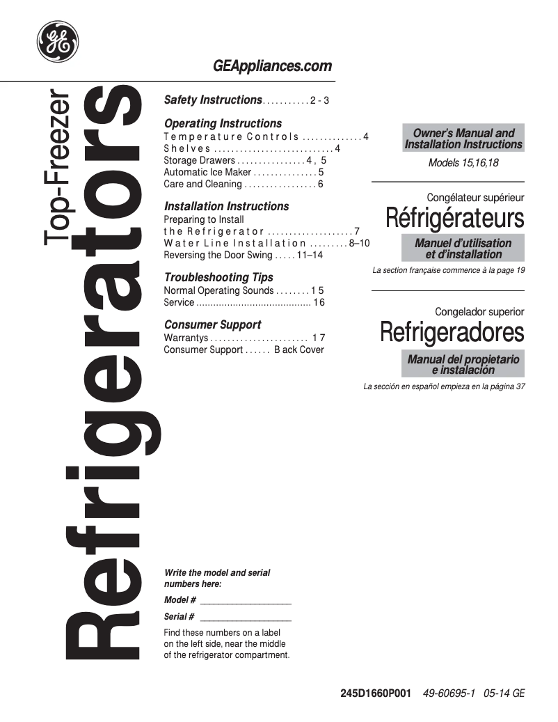 Page 1 de la notice Mode d'emploi GE GPE16DTHWW