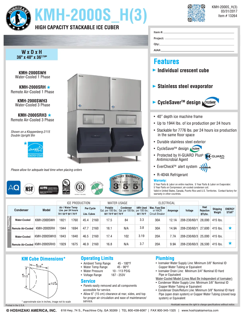 Page 1 de la notice Fiche technique Hoshizaki KMH-2000SWH
