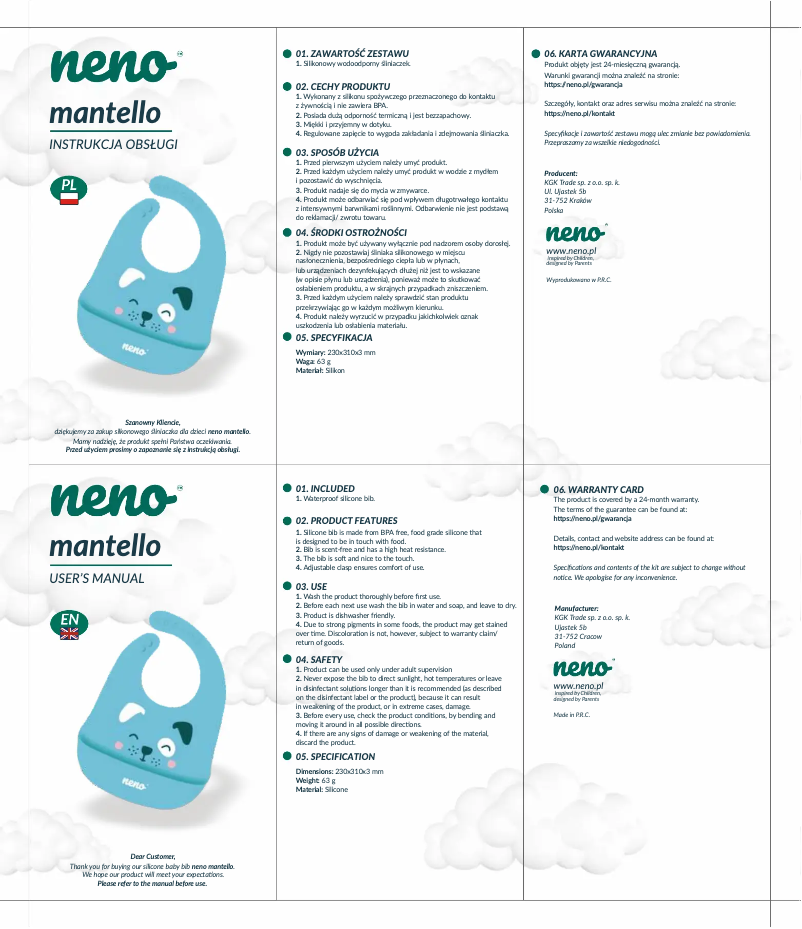 Page 1 de la notice Manuel utilisateur Neno Mantello