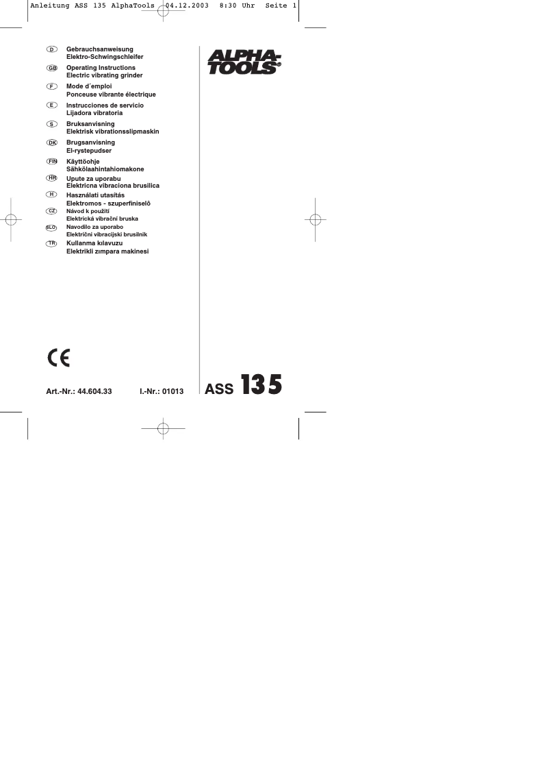 Page 1 of the manual User Manual Alpha Tools ASS 135