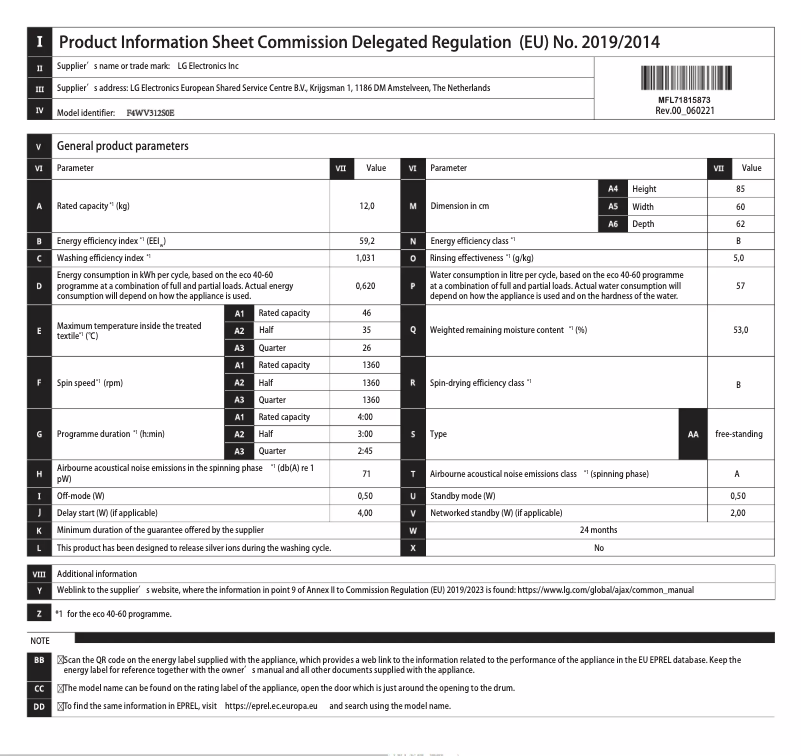 Page 1 de la notice Manuel utilisateur LG F4WV312S0E