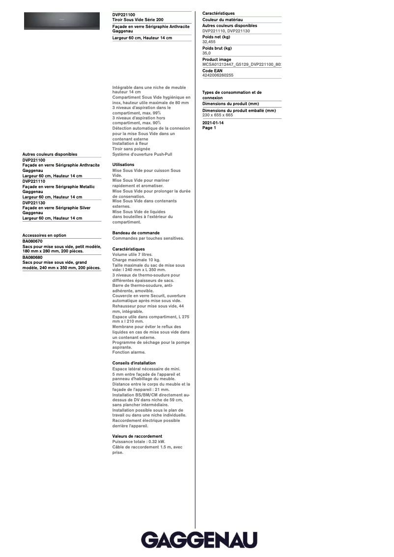 Page 1 de la notice Fiche technique Gaggenau DVP221100