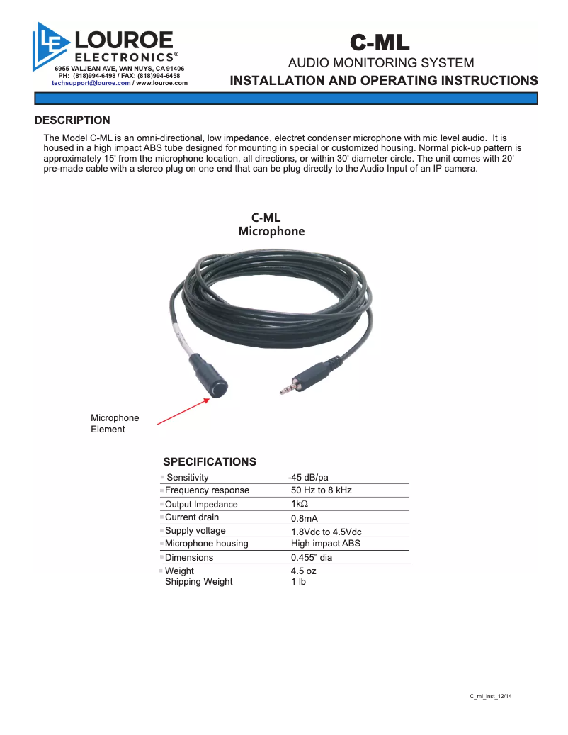Page 1 of the manual User Manual Louroe Electronics C-ML