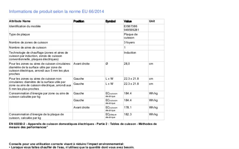 Page 1 de la notice Fiche technique Electrolux EIS67386