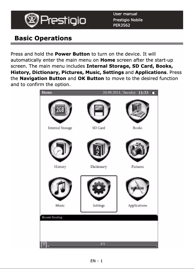 Page 1 de la notice Manuel utilisateur Prestigio Nobile PER3562