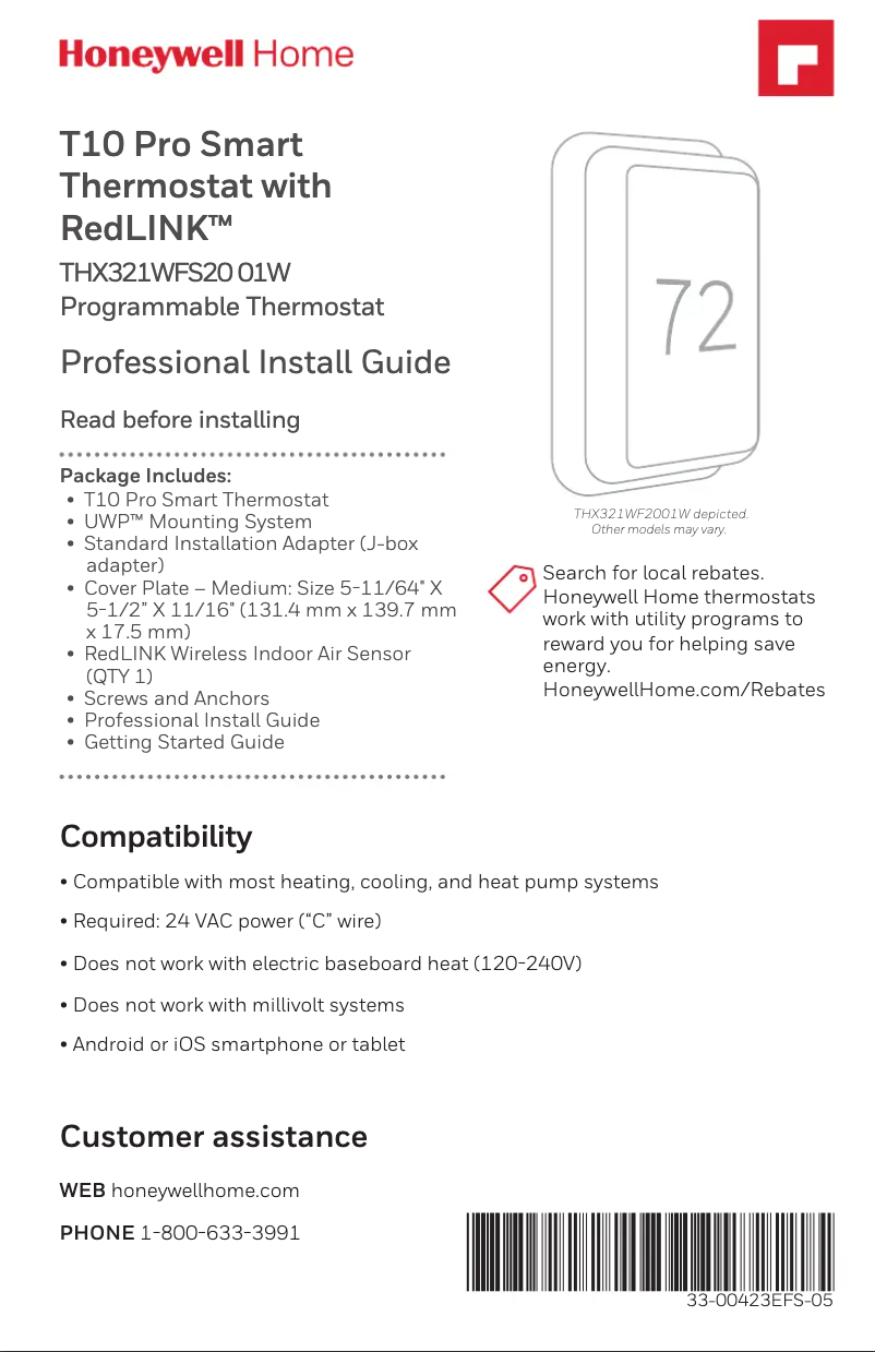 Page 1 de la notice Guide d'installation Honeywell THX321WFS2001W/U