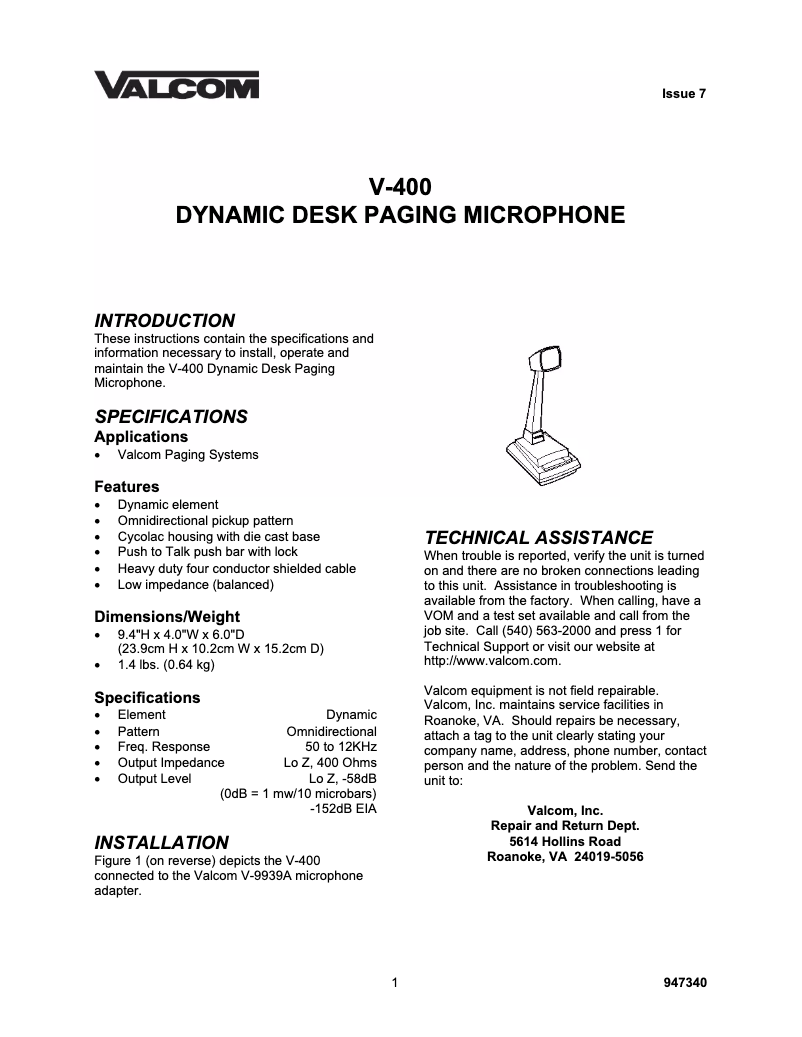 Page 1 of the manual User Manual Valcom V-400