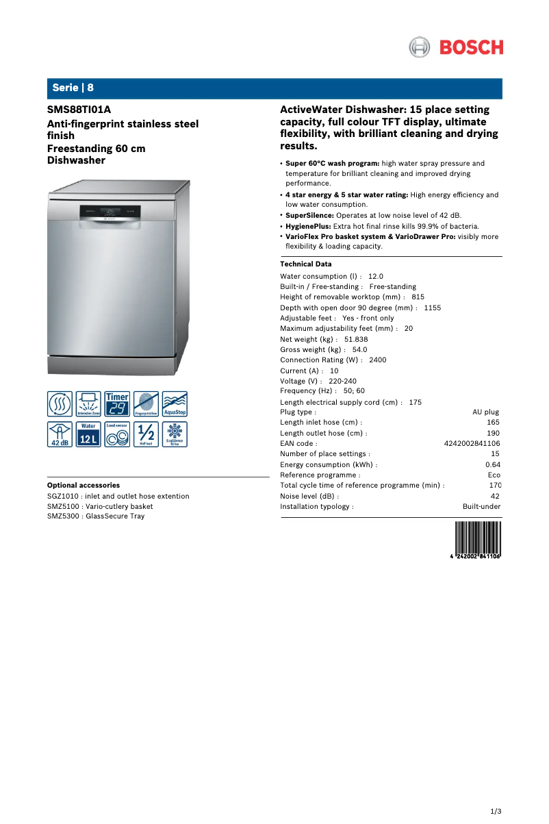 Page 1 de la notice Fiche technique Bosch SMS88TI01A