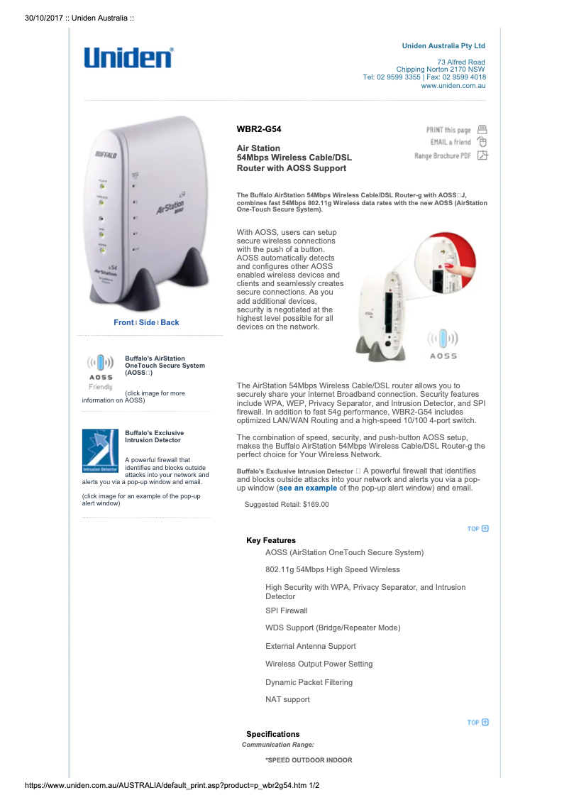 Page 1 de la notice Manuel utilisateur Uniden WBR2-G54