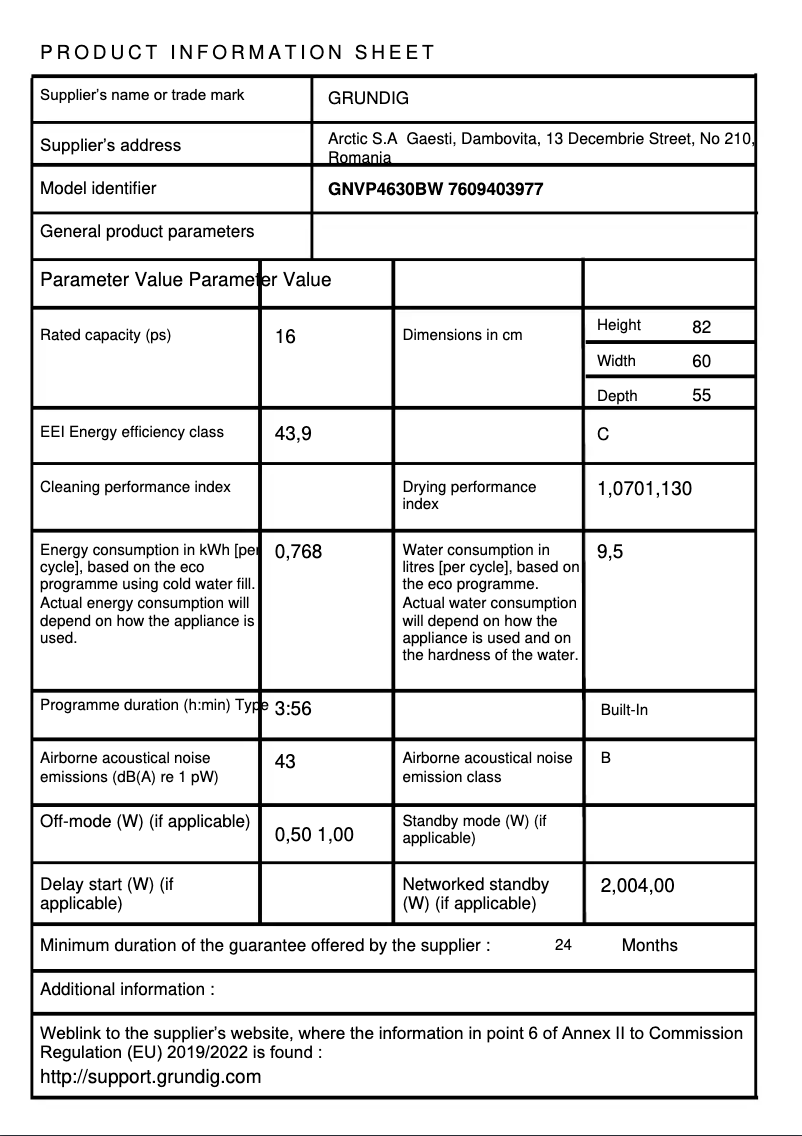 Page 1 de la notice Fiche technique Grundig GNVP4630BW
