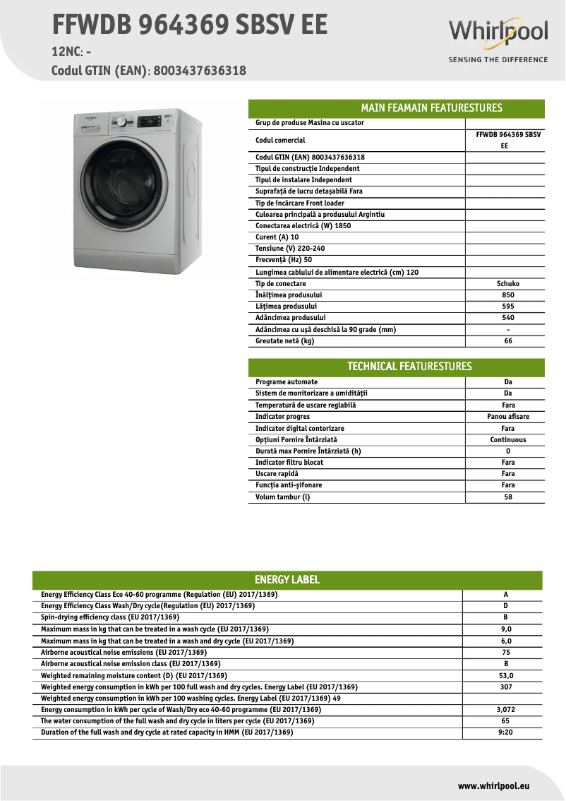 Page 1 de la notice Fiche technique Whirlpool FFWDB 964369 SBSV EE