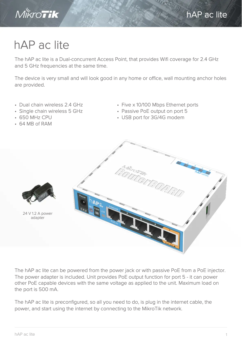 Page 1 de la notice Brochure Mikrotik HAP ac lite