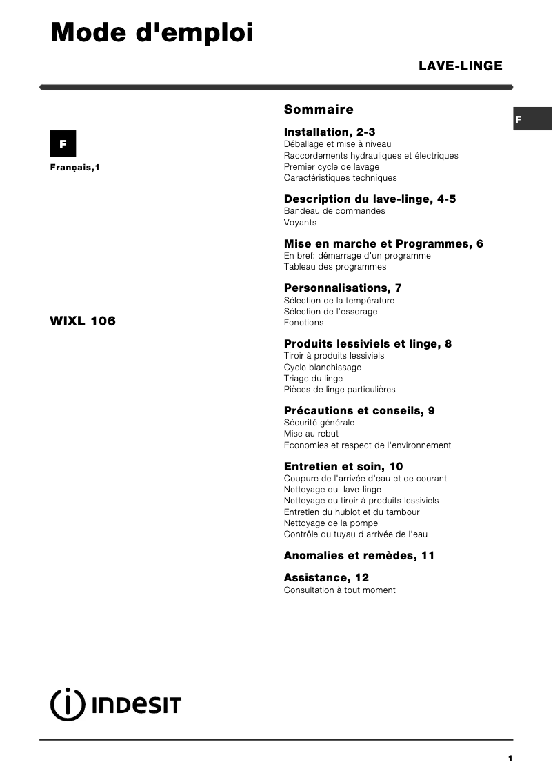 Page n°1 - Manuel utilisateur Indesit WIXL 106 (FR) (TEV)