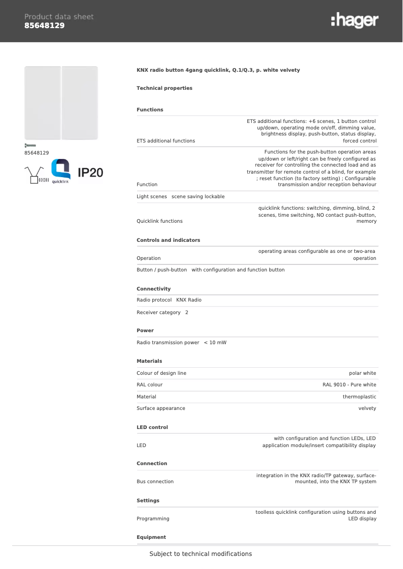 Page 1 de la notice Fiche technique Hager 85648129