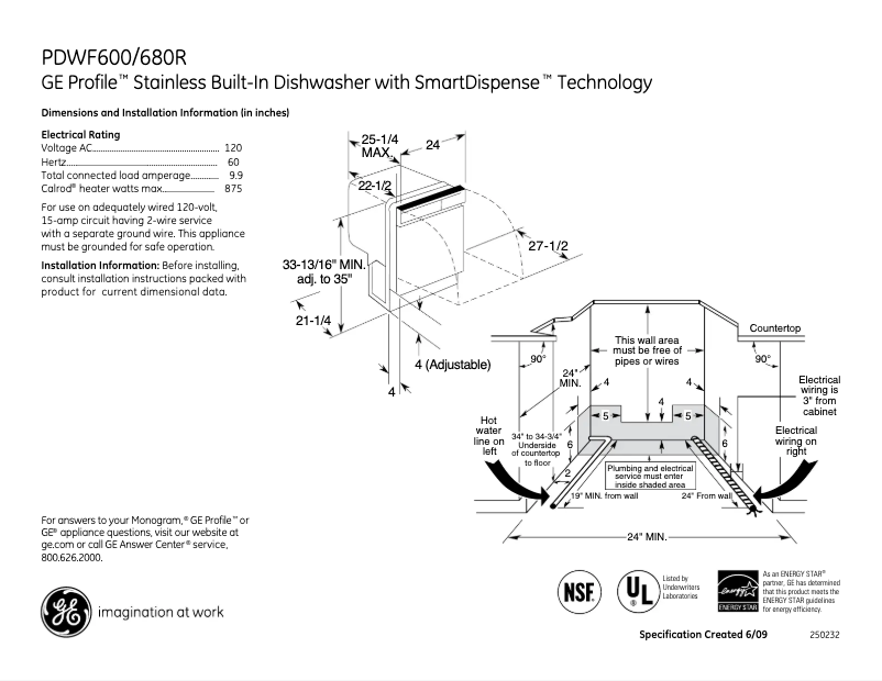 Page 1 de la notice Fiche technique GE Profile PDWF600RBB