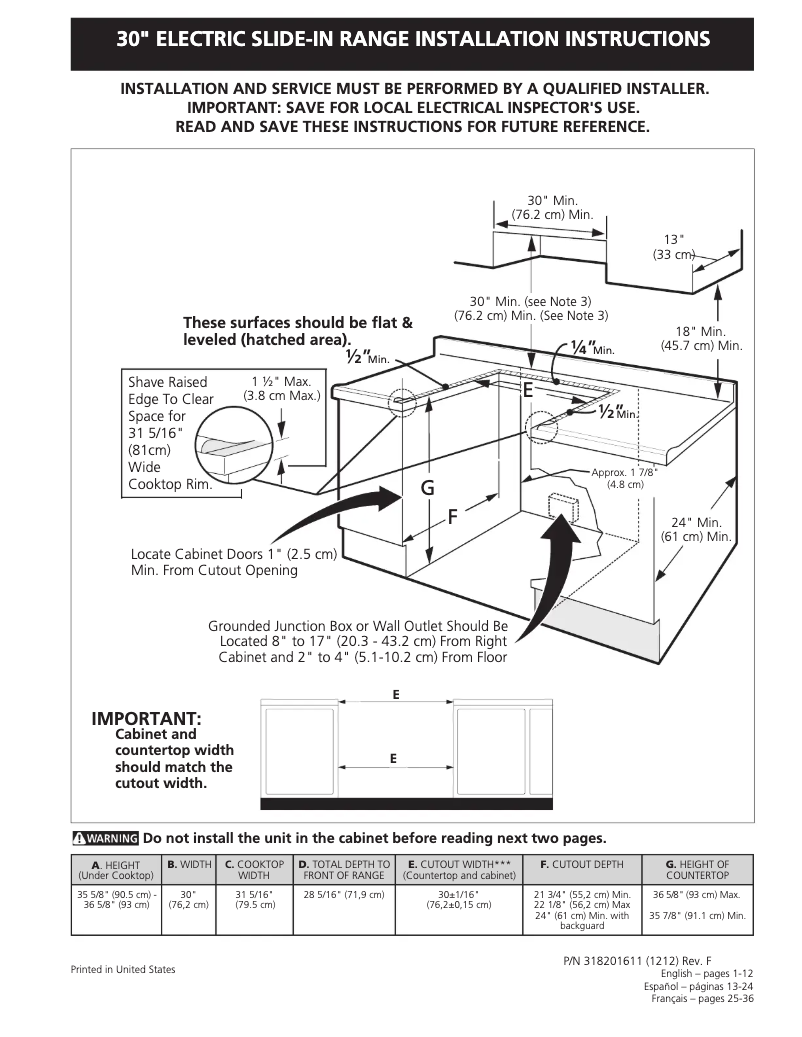 Page 1 de la notice Guide d'installation Frigidaire FES355EB