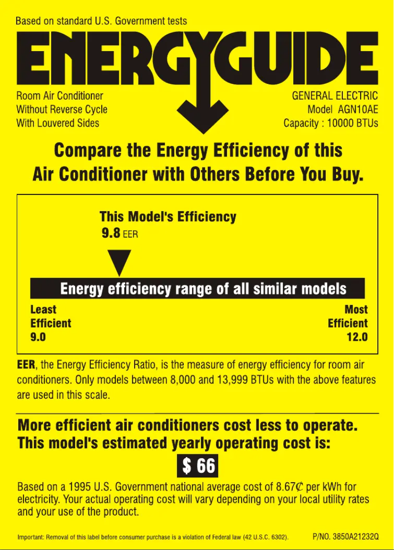 Page 1 de la notice Label énergétique GE AGN10AE