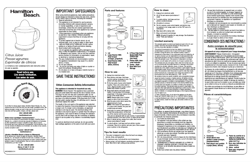 Page 1 de la notice Manuel utilisateur Hamilton Beach Juicit 66338