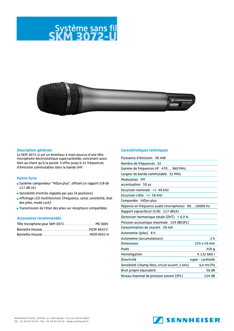 Page 1 de la notice Fiche technique Sennheiser SKM 3072-U