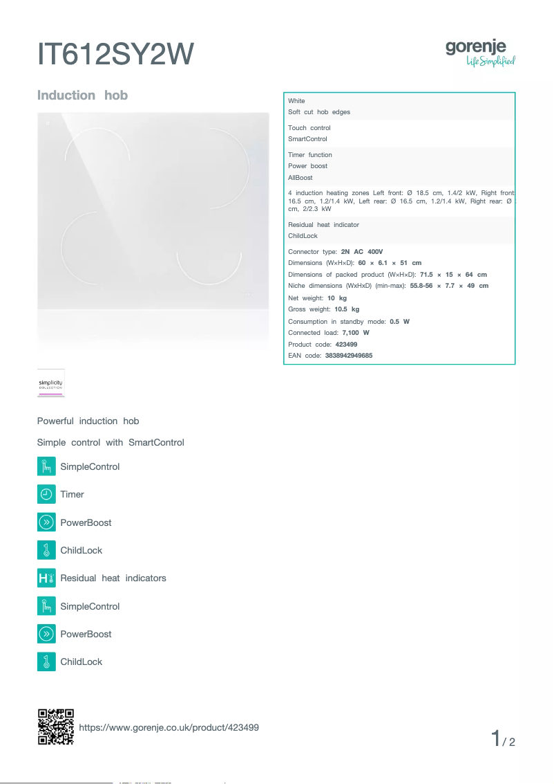 Página 1 del manual Ficha técnica Gorenje IT612SY2W