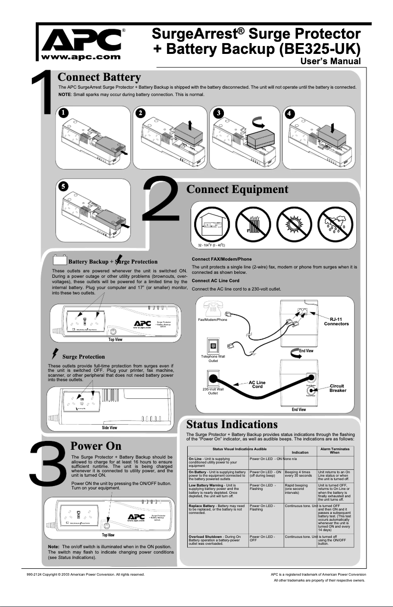 Page 1 de la notice Manuel utilisateur APC BE325-UK