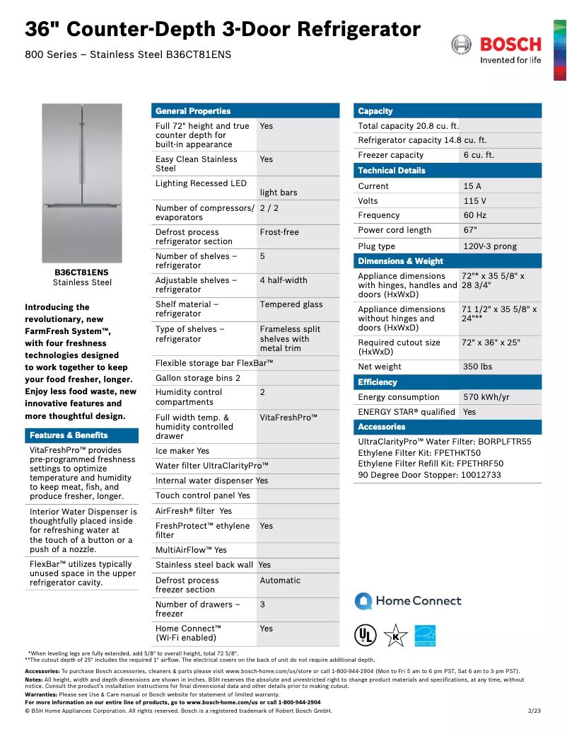 Page 1 de la notice Fiche technique Bosch B36CT81ENS