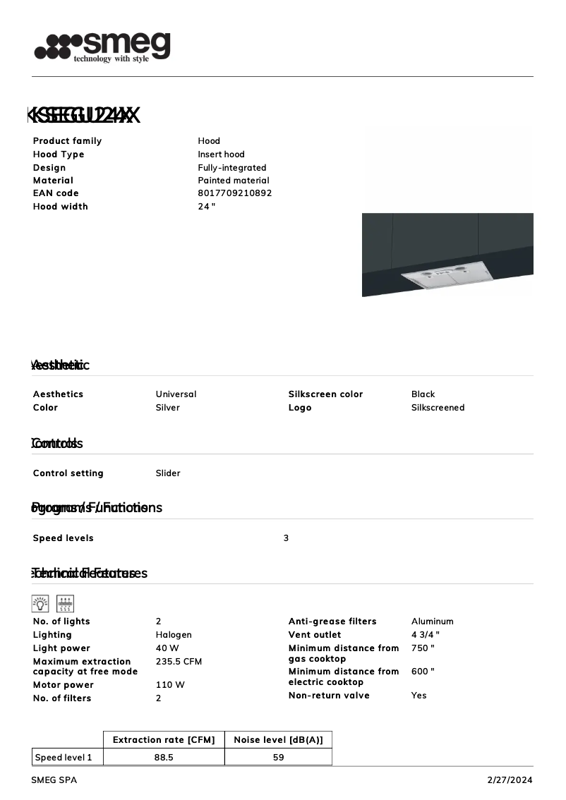 Página 1 del manual Ficha técnica Smeg KSEGU24X