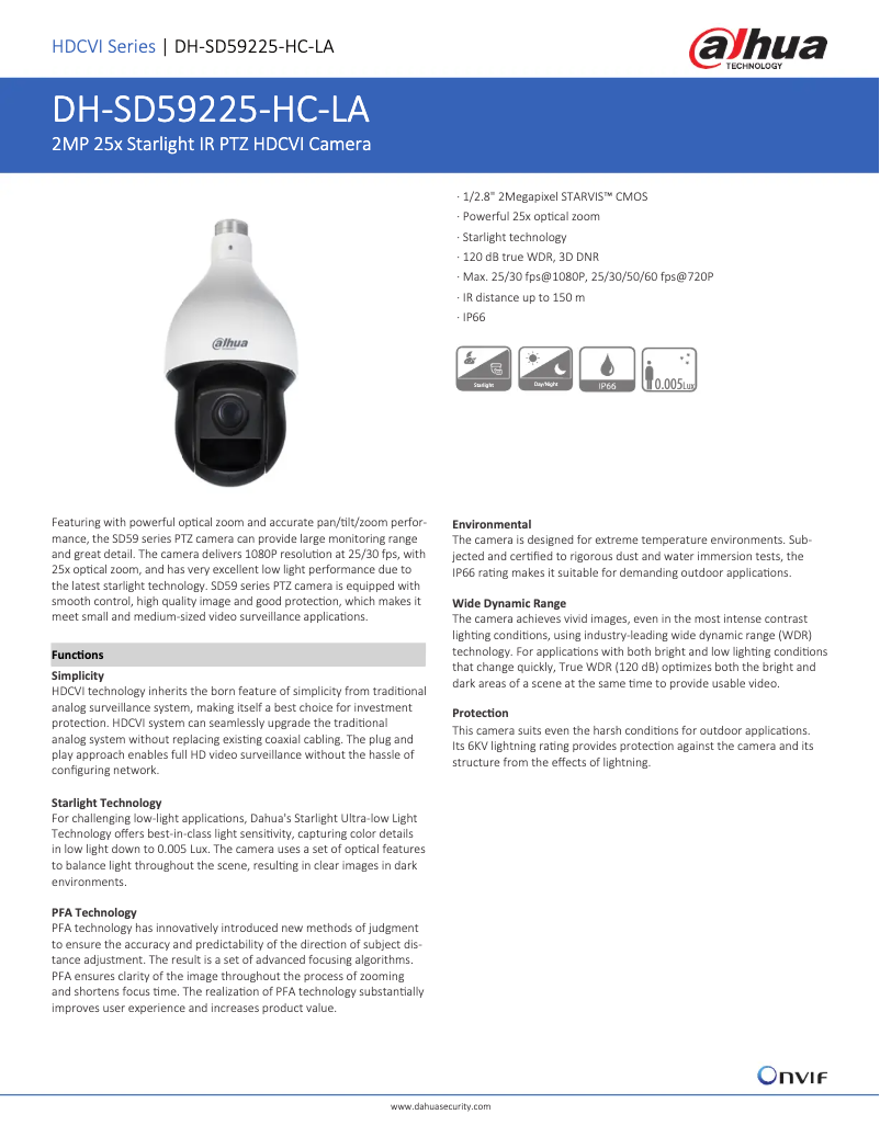 Page 1 de la notice Fiche technique Dahua Technology SD59225-HC-LA