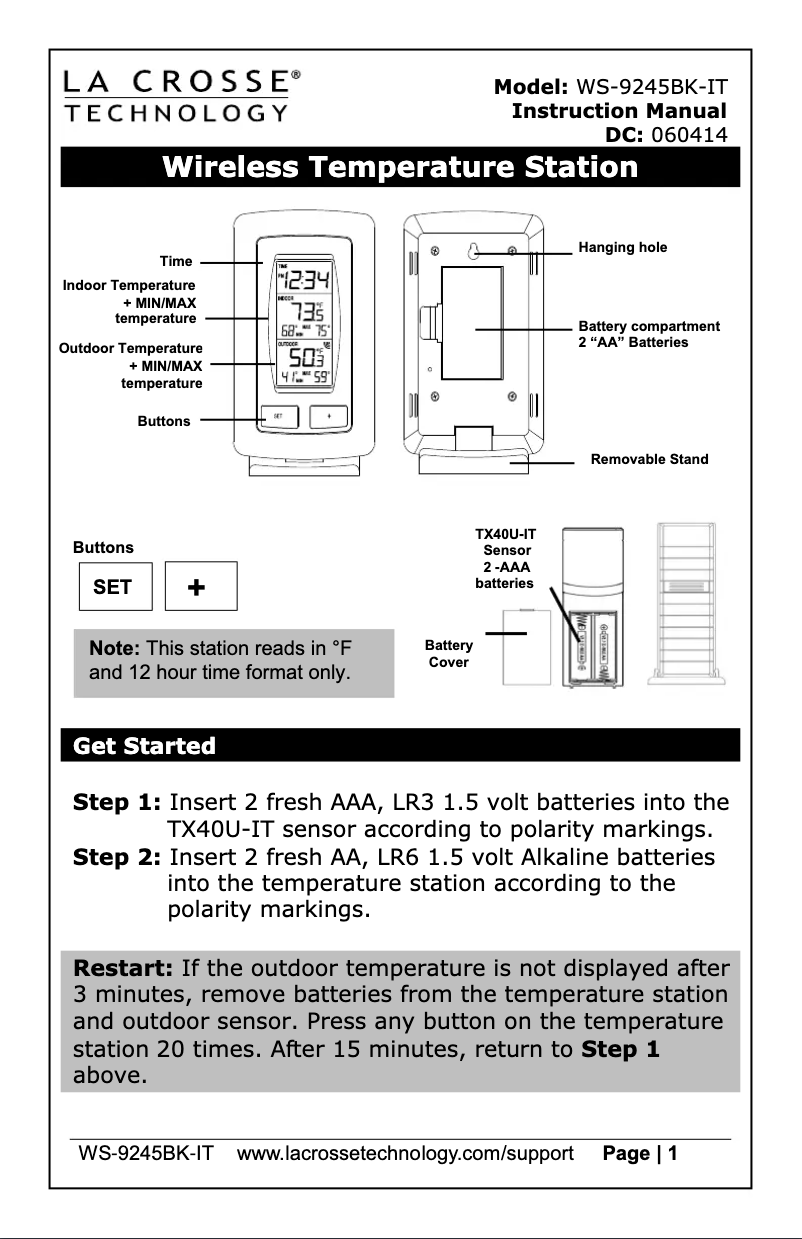 Página 1 del manual Manual de usuario La Crosse Technology WS-9245UBK-IT