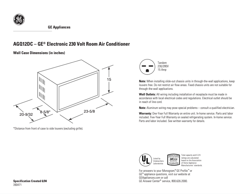 Page 1 de la notice Fiche technique GE AGQ12DC