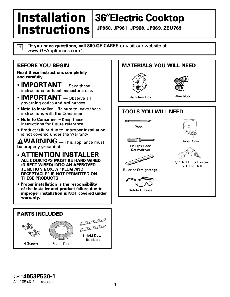 Page 1 of the manual Installation Guide GE ZEU769BCBB