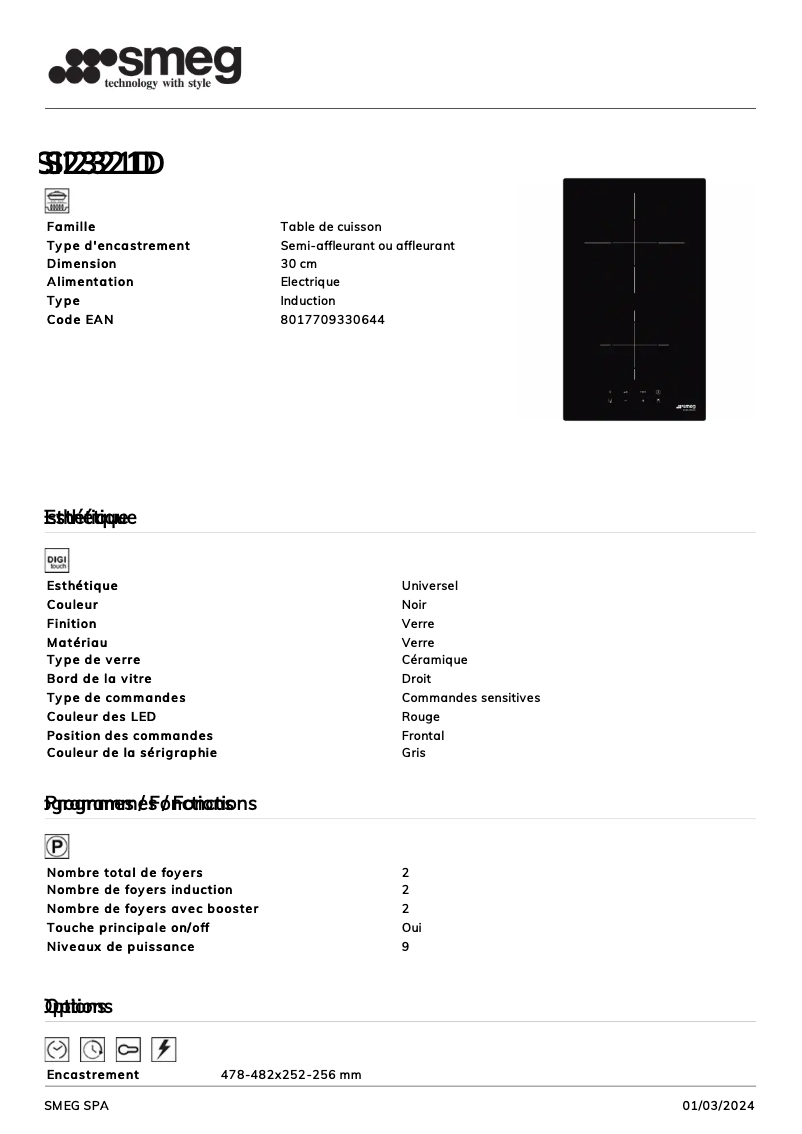 Página 1 del manual Ficha técnica Smeg SI2321D