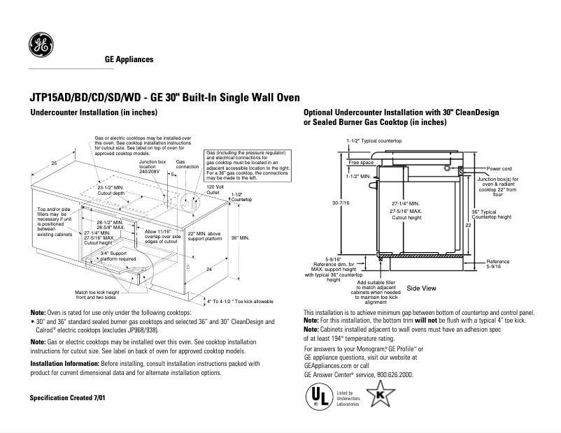 Page 1 de la notice Fiche technique GE JTP15SDSS