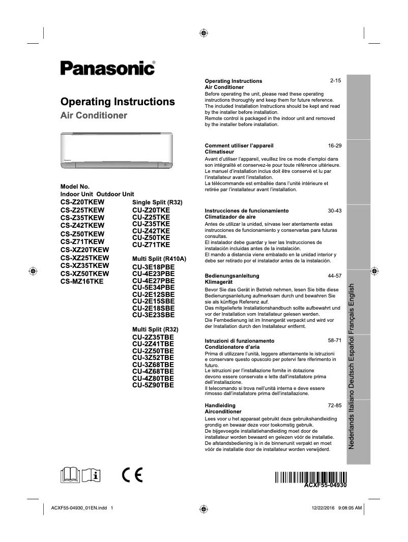 Page 1 de la notice Manuel utilisateur Panasonic CU-Z50TKE