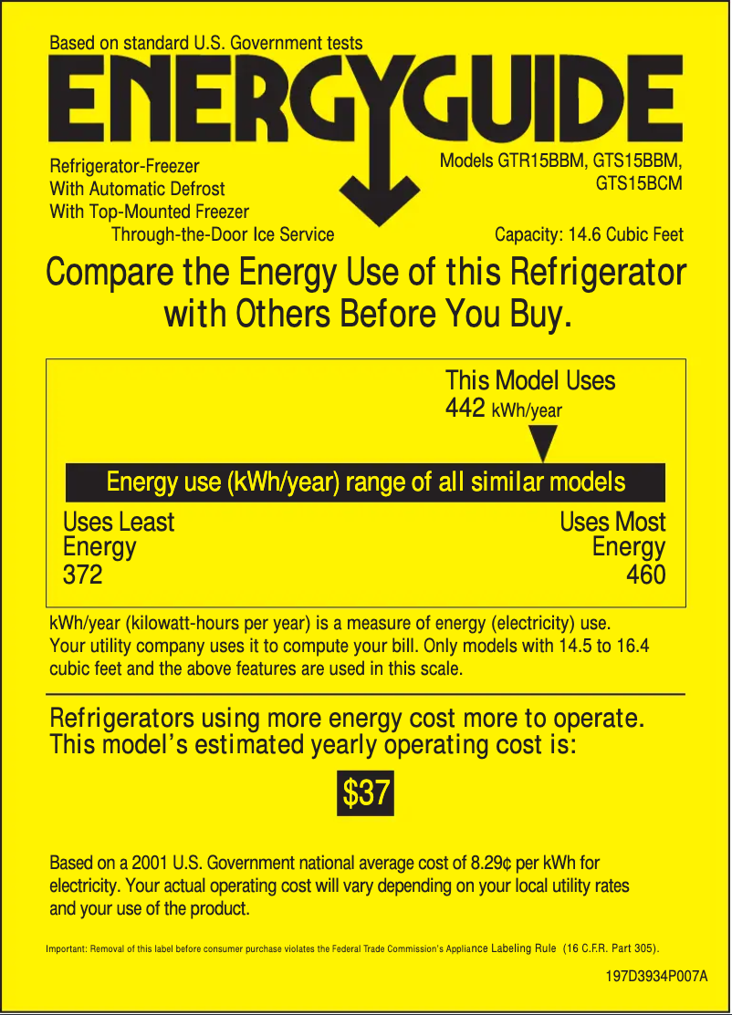 Page 1 of the manual Energy Label GE GTS15BCMRCC