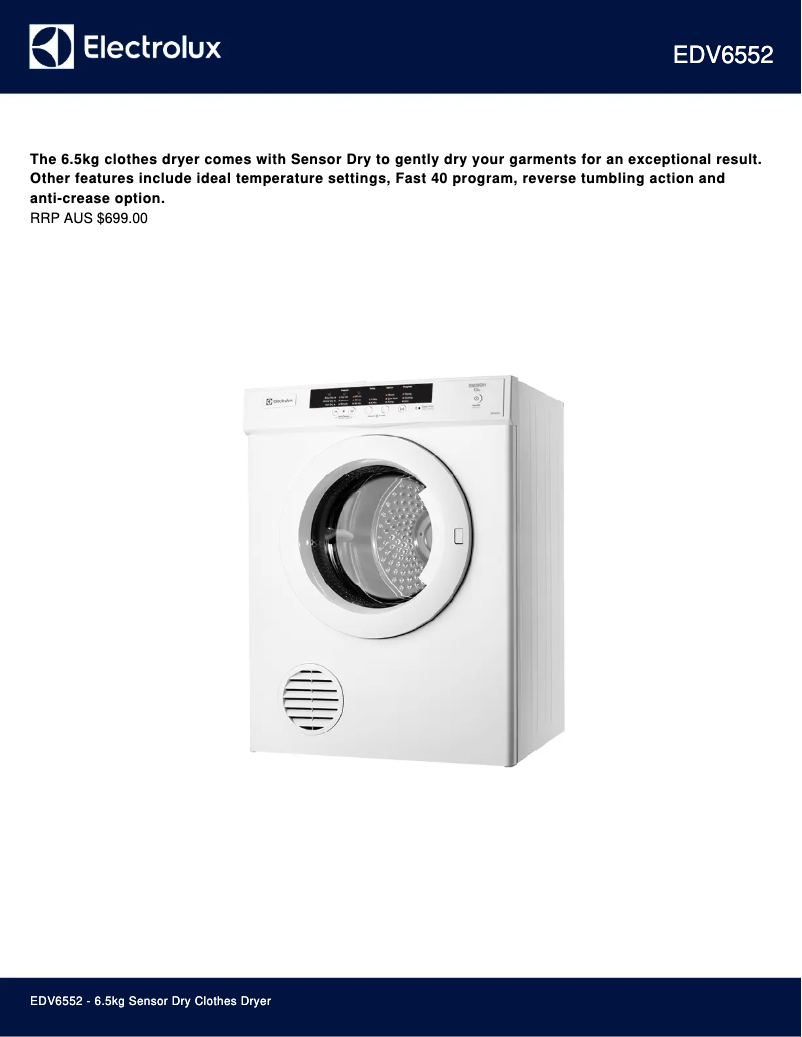 Page 1 de la notice Fiche technique Electrolux EDV6552