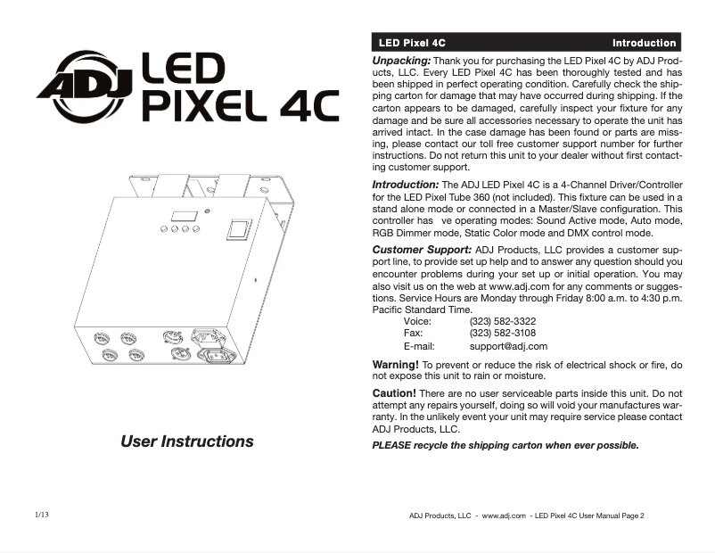 Page 1 de la notice Manuel utilisateur American DJ LED Pixel 4C