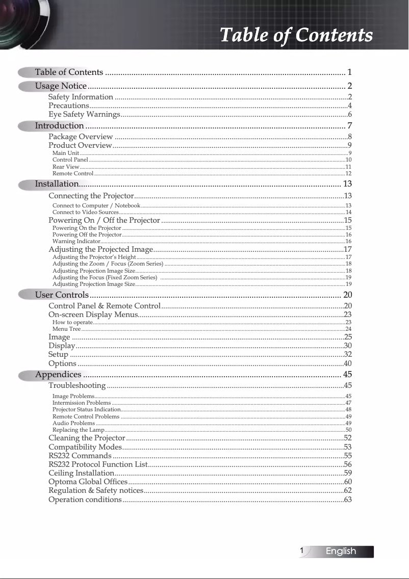 Page 1 de la notice Manuel utilisateur Optoma ES520