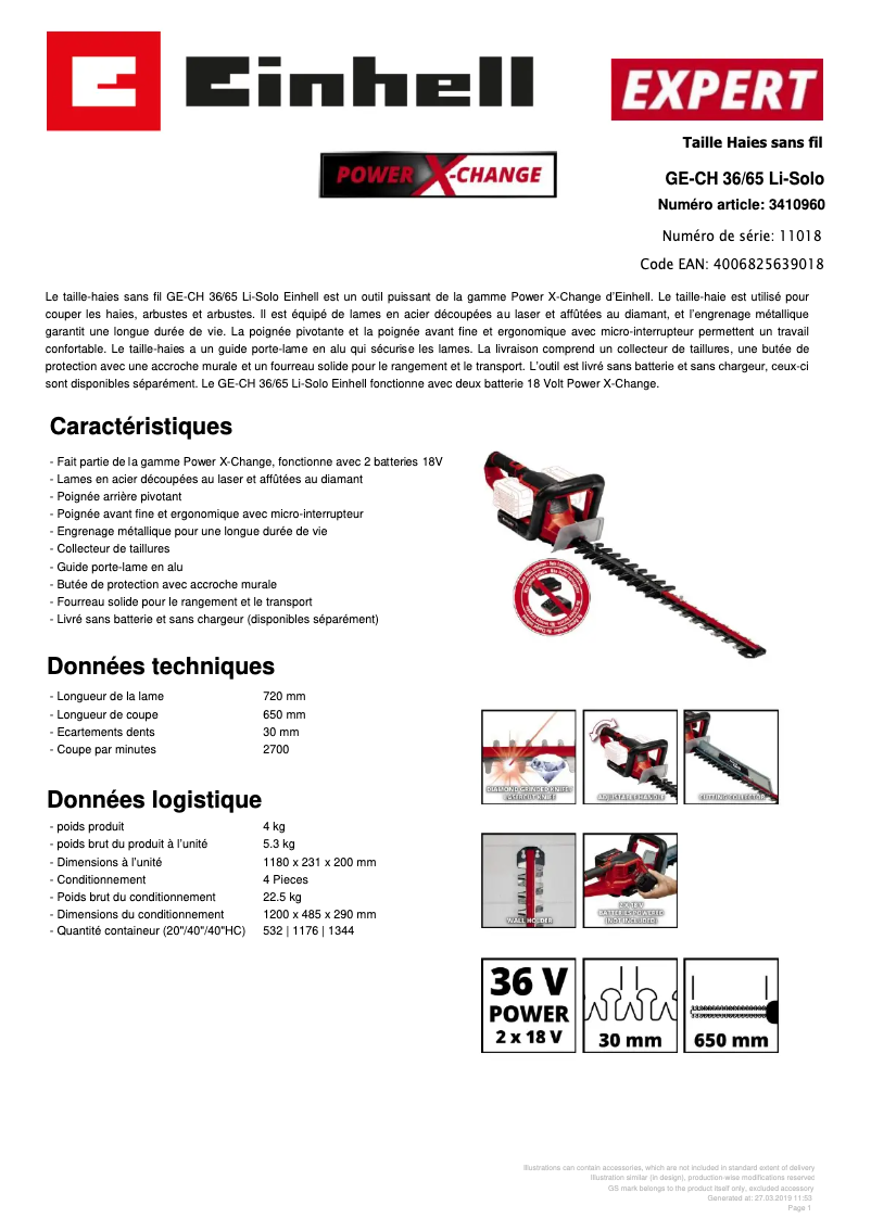 Página 1 del manual Ficha técnica Einhell GE-CH 36/65 Li-Solo