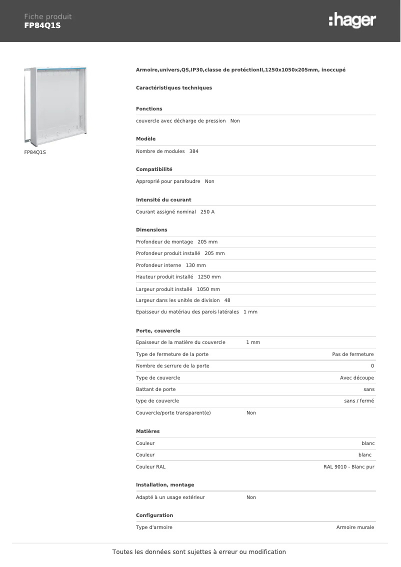 Page 1 de la notice Manuel utilisateur Hager FP84Q1S