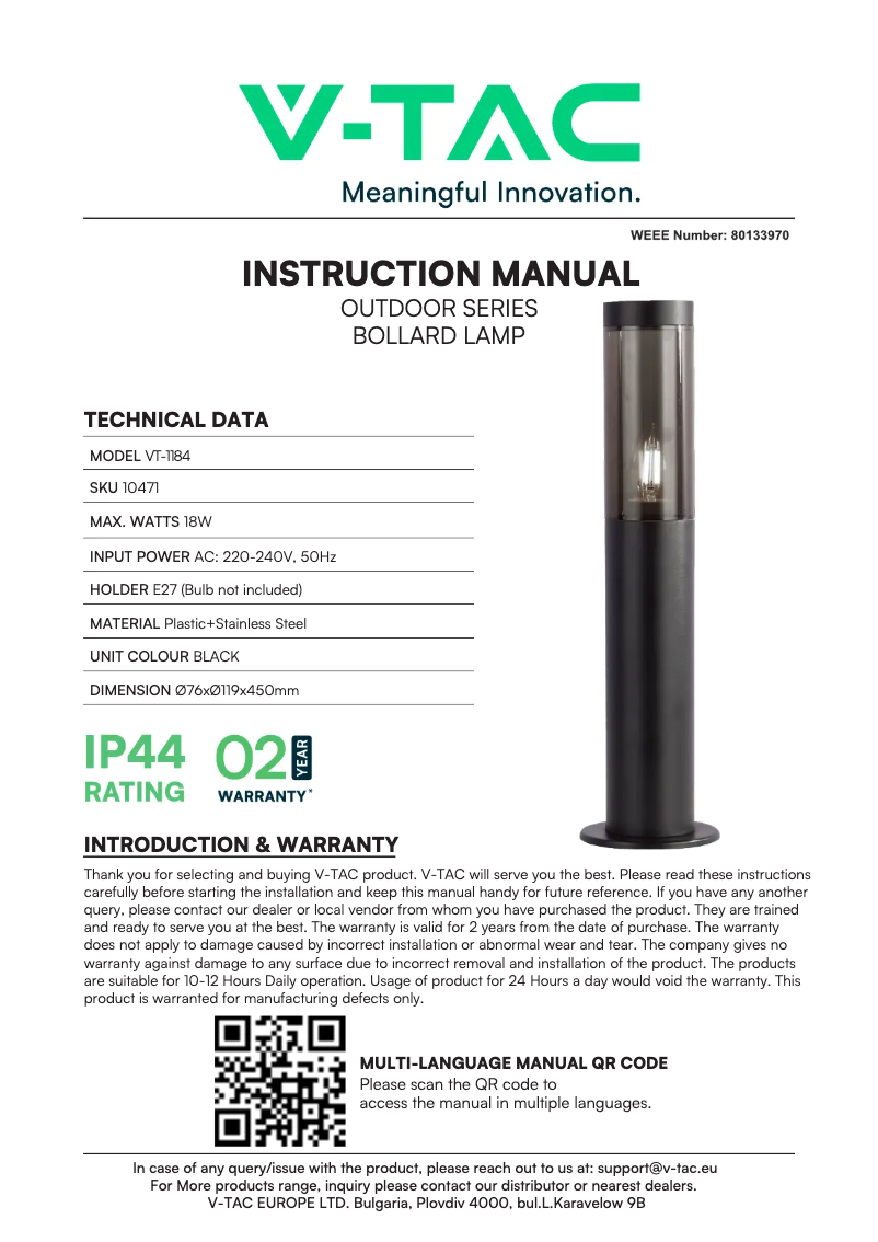 Page 1 of the manual User Manual V-TAC VT-1184