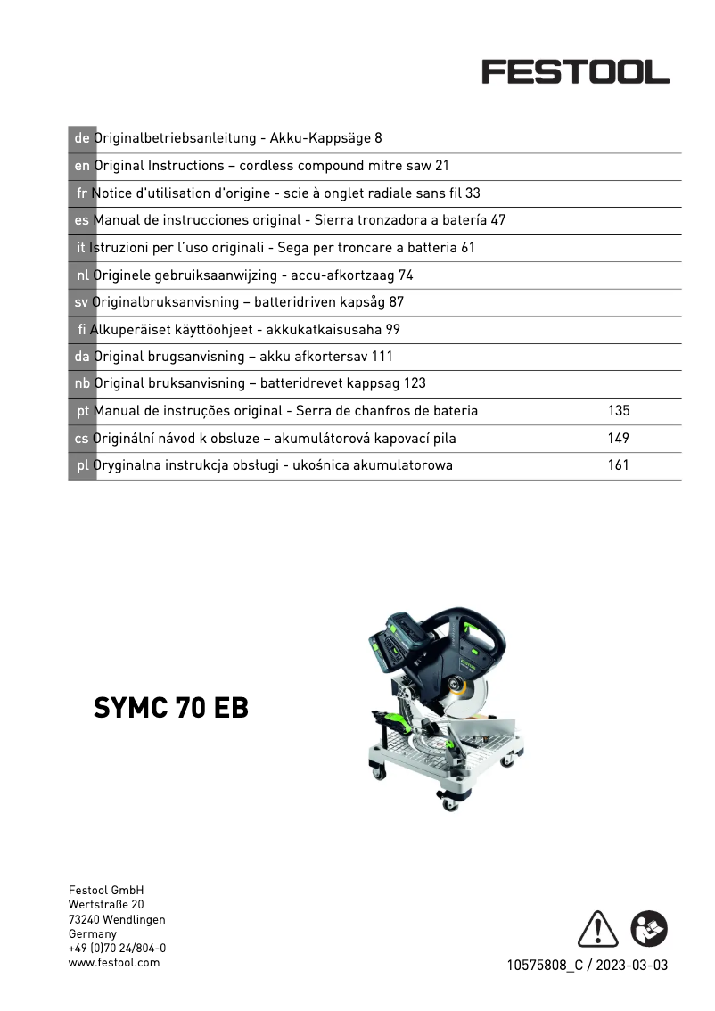 Page 1 de la notice Manuel utilisateur Festool SYMC 70 EB